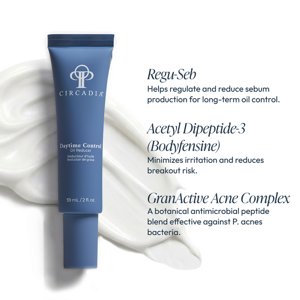 Blue tube of Daytime Control Oil Reducer Circadia skincare product placed on a creamy white textured background with text describing its sebum-regulating, irritation-minimizing, and antimicrobial ingredients.