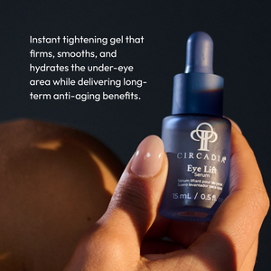Hand holding a blue frosted glass dropper bottle of Eye Lift Serum (formerly Emergency Eye Lift) | Circadia with text describing it as an instant tightening gel that firms, smooths, and hydrates the under-eye area while delivering long-term anti-aging benefits.