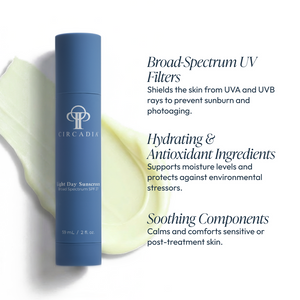 Bottle of Light Day Sunscreen Broad Spectrum SPF 37 | Circadia with light green creamy texture in background, highlighting UV protection, hydration, antioxidant, and soothing skincare benefits.