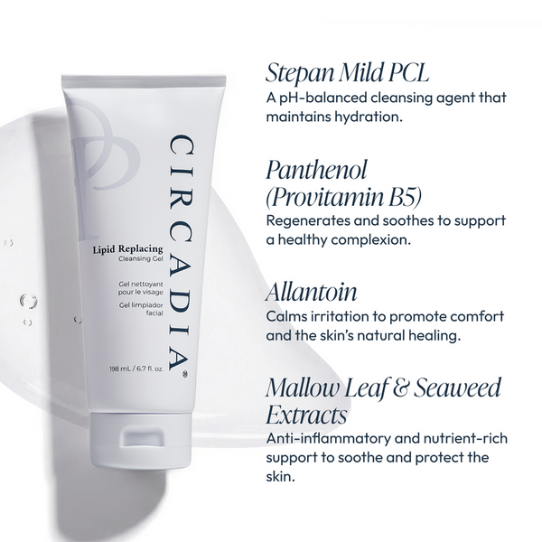 Tube of Lipid Replacing Cleansing Gel | Circadia placed next to text outlining its key skincare ingredients like Stepan Mild PCL, Panthenol, Allantoin, and Mallow Leaf & Seaweed Extracts.