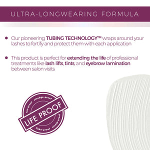 Text image highlighting the ultra-longwearing formula of Curling TUBING™ Primer | Blinc featuring tubing technology that wraps around lashes to protect and fortify, ideal for extending the life of lash lifts, tints, and eyebrow lamination with a life proof stamp for smudge, run, flake, and clump resistance.