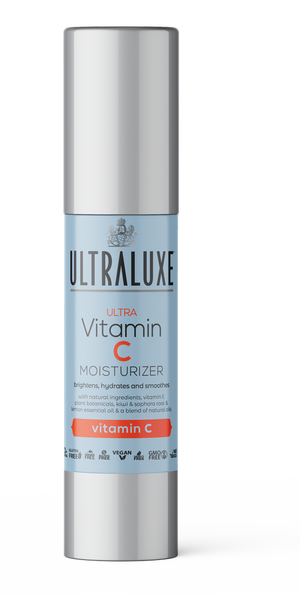 Anti-Aging Ultra Vitamin C Moisturizer | Ultraluxe Skincare bottle with silver cap and light blue label highlighting skincare benefits like hydration, brightening, and smoothing.