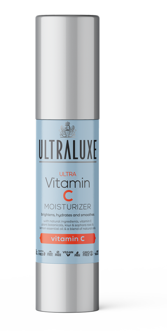 Anti-Aging Ultra Vitamin C Moisturizer | Ultraluxe Skincare bottle with silver cap and light blue label highlighting skincare benefits like hydration, brightening, and smoothing.