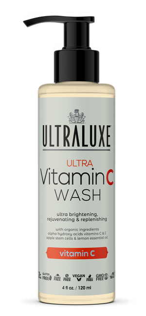 Bottle of Ultra Vitamin C Cleanser | Ultraluxe Skincare featuring organic ingredients and brightening formula designed for rejuvenating and replenishing skin.