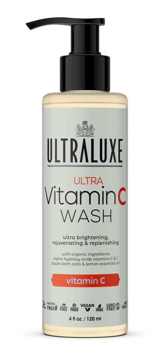 Bottle of Ultra Vitamin C Cleanser | Ultraluxe Skincare featuring organic ingredients and brightening formula designed for rejuvenating and replenishing skin.