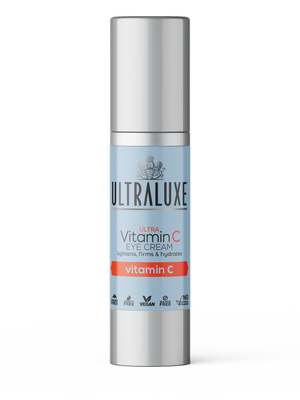 Ultra Vitamin C Eye Cream | Ultraluxe Skincare bottle featuring light blue and silver packaging, promoting lightening, firming, and hydrating benefits with vegan and cruelty-free formulas.