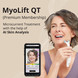 Mature woman smiling while using a microcurrent facial device alongside a smartphone displaying AI skin analysis, promoting Myolift QT Plus Premium - Lifetime Membership | 7e Wellness.