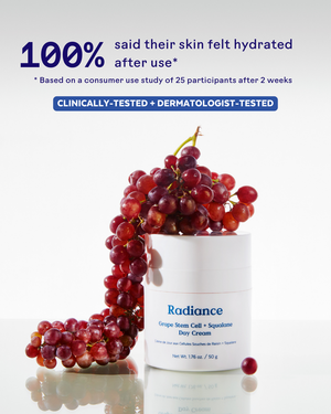 Radiance Grape Stem Cell + Squalane Ultra-Hydrating Cream | Three Ships with a bunch of red grapes highlighting hydration benefits and dermatologist-tested skincare results.