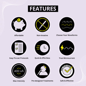 Features icons for MyoLift™ MD Microcurrent Facial Professional Device | 7e Wellness highlighting affordability, non-invasive use, customizable waveforms, easy pre-set protocols, quick operation, true microcurrent, maximum intensity of 400 uA, pre-designed treatments, and FDA clearance for safe and effective skincare.