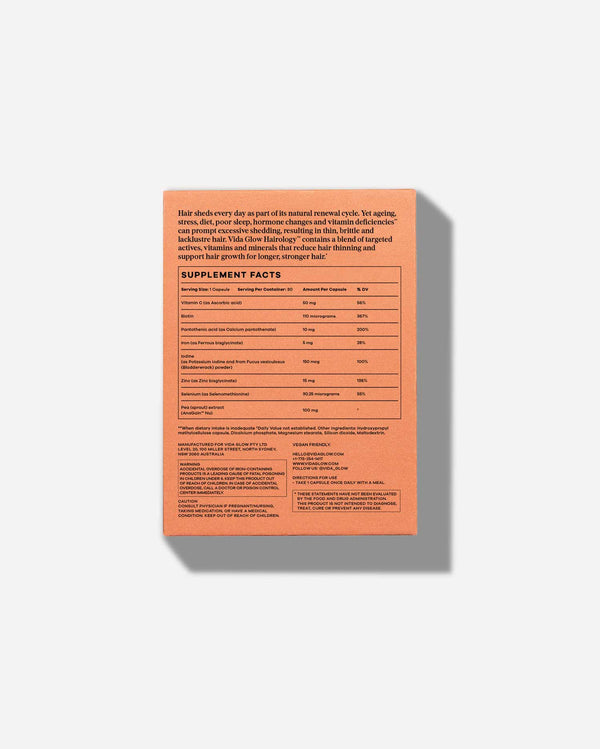 Back of product box for Hairology Capsules | VIDA GLOW showing supplement facts, ingredients, and usage information on an orange background.
