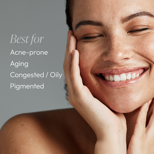 Close-up of a woman with clear, glowing skin smiling gently, alongside text listing skincare benefits ideal for acne-prone, aging, congested/oily, and pigmented skin, promoting Cleansing Gel with Mandelic Acid | Circadia.