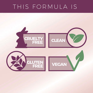Icons representing the formula qualities of Curling TUBING™ Primer | Blinc including cruelty free with a rabbit, clean with green leaves, gluten free with a crossed-out wheat symbol, and vegan with a green check mark.
