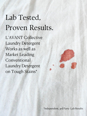 Laundry Detergent Refill Pouch | L'AVANT Collective label highlighting lab tested, proven stain removal results compared to leading conventional detergents on stained fabric.
