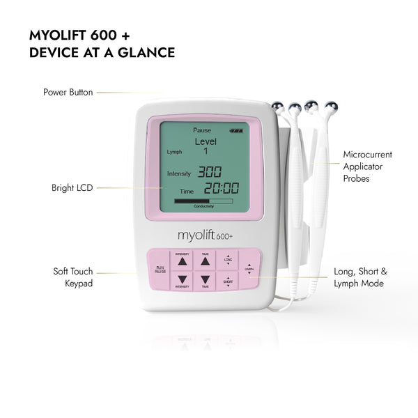 Close-up of the New Generation 600+ ATP Professional Microcurrent Facial Kit | 7e Wellness device showing the bright LCD screen, soft touch keypad, power button, and multiple microcurrent applicator probes for skincare treatments.