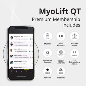 Smartphone displaying user reviews and features included in the Myolift QT Plus Premium - Lifetime Membership | 7e Wellness, highlighting skincare support, live webinars, AI skin analysis, esthetician access, and rewards.