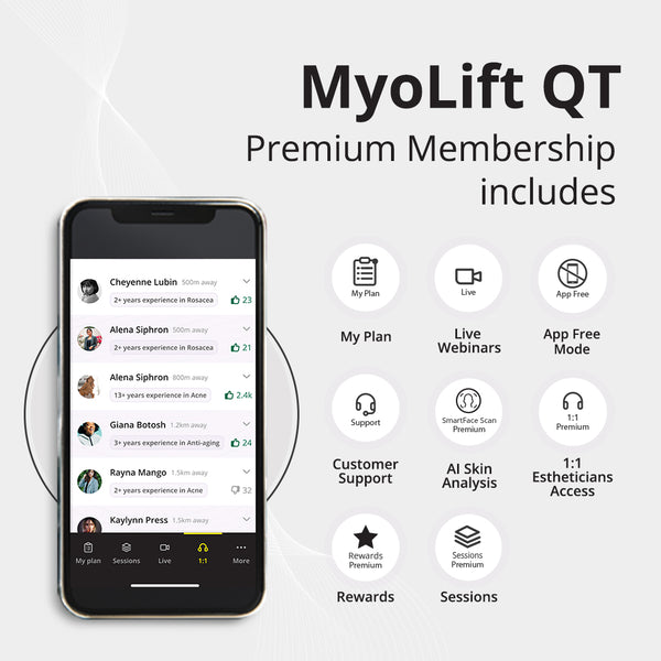 Smartphone displaying user reviews and features included in the Myolift QT Plus Premium - Lifetime Membership | 7e Wellness, highlighting skincare support, live webinars, AI skin analysis, esthetician access, and rewards.