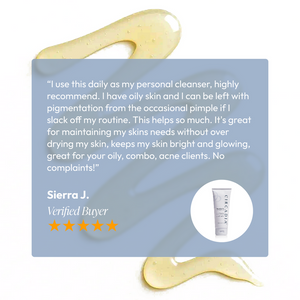 User testimonial praising the Cleansing Gel with Mandelic Acid | Circadia for daily use on oily and acne-prone skin, highlighting its benefits for skin clarity and glow with no dryness, shown alongside product tube and gel texture.
