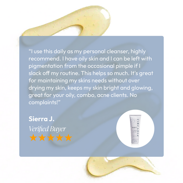User testimonial praising the Cleansing Gel with Mandelic Acid | Circadia for daily use on oily and acne-prone skin, highlighting its benefits for skin clarity and glow with no dryness, shown alongside product tube and gel texture.