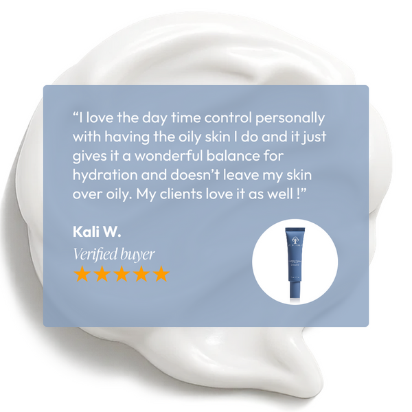 Customer review praising Daytime Control Oil Reducer Circadia for balancing hydration and controlling oily skin with a five-star rating displayed over a creamy white skincare texture.