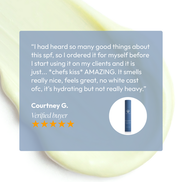 Customer review praising Light Day Sunscreen Broad Spectrum SPF 37 | Circadia for its pleasant scent, lightweight hydration, and no white cast, featuring a blue sunscreen bottle on a cream background.