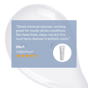 Customer review highlighting Lipid Replacing Cleansing Gel | Circadia as a great universal cleanser that leaves skin fresh and clean without dryness, accompanied by a five-star rating.