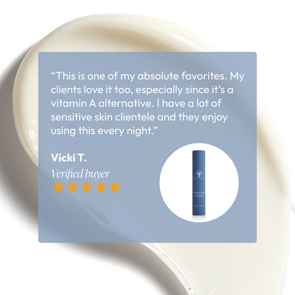 Customer testimonial highlighting Revita-Cyte Complex | Circadia as a favorite skincare product for sensitive skin, shown with a five-star rating and an image of the blue product bottle on a creamy background.