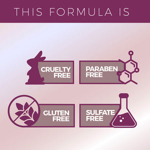 Graphic showing icons and text highlighting that the Lash & Brow Enhancer Serum | Blinc formula is cruelty free, paraben free, gluten free, and sulfate free.