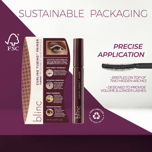 Curling TUBING™ Primer | Blinc with sustainable packaging, featuring a precision brush applicator designed for volume and longer lashes, shown with product box and tube.
