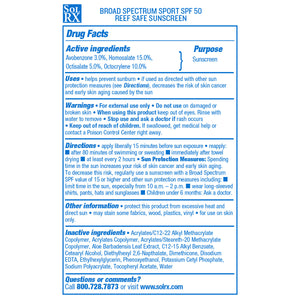 Close-up of SPORT Sunscreen SPF 50 | SolRX Sunscreen label showing active ingredients, usage directions, warnings, and product details for skincare and sun protection.