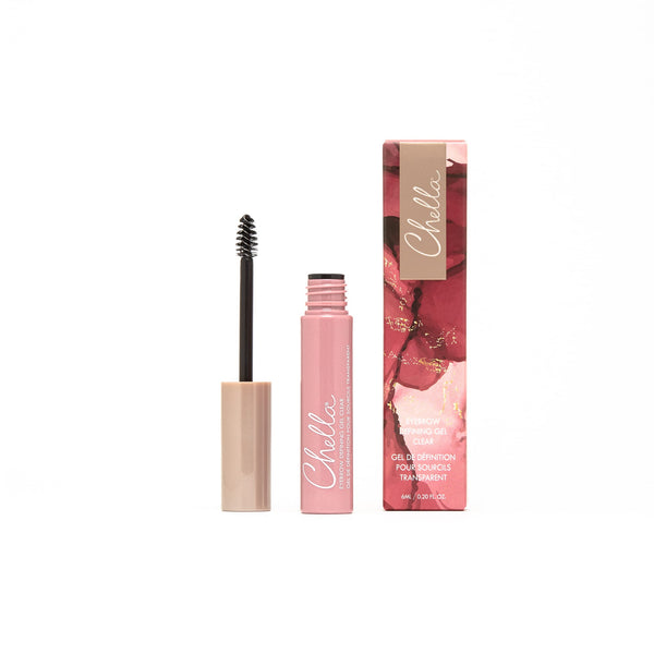 Eyebrow Defining Gel Clear | Chella in a pink tube with a spoolie applicator displayed next to its floral-patterned box packaging for precise eyebrow grooming and skincare.
