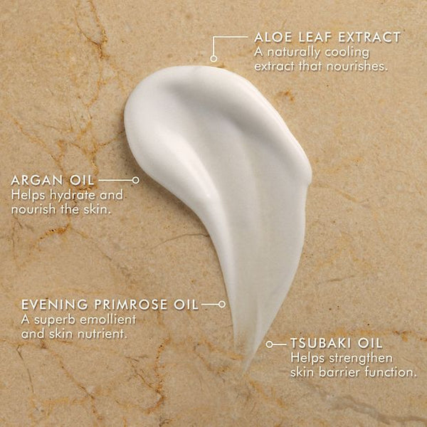 Creamy texture of Body Lotion | Moroccanoil with key ingredients Aloe Leaf Extract, Argan Oil, Evening Primrose Oil, and Tsubaki Oil for nourishing and hydrating skincare.