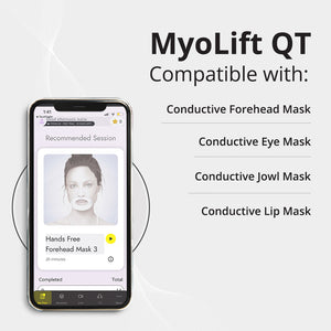 Smartphone displaying a recommended session for a hands-free forehead mask, alongside text listing compatibility with conductive forehead, eye, jowl, and lip masks for the Myolift QT Plus Premium - Lifetime Membership | 7e Wellness.