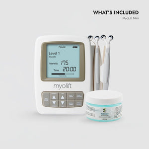 MyoLift Mini Microcurrent Facial Device | 7e Wellness shown with handheld device, three microcurrent wands, and a jar of 7e Restore skincare product for facial wellness.