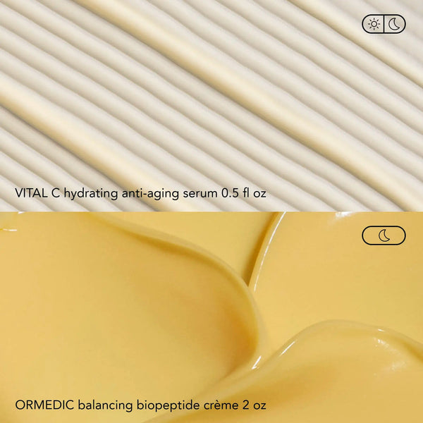 Close-up of two skincare product textures, featuring a light cream and a rich yellow balm, representing the Dazzling Duo | IMAGE Skincare for hydration and balance.