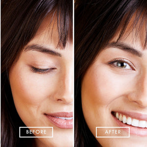 Close-up comparison of a woman's face before and after using Highlighter Pencil | Chella, showing enhanced brightness and a natural radiant glow around the eyes and cheekbones.