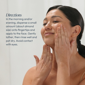 Woman gently applying Cleansing Gel with Salicylic Acid | Circadia to her face, with directions for use displayed beside her.