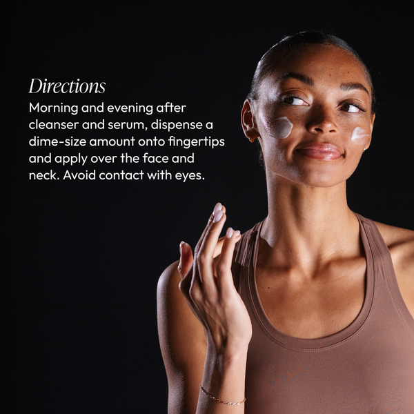 A woman with a radiant complexion wearing a brown tank top applies Daytime Control Oil Reducer Circadia to her cheeks with her fingertips, accompanied by usage directions against a dark background.