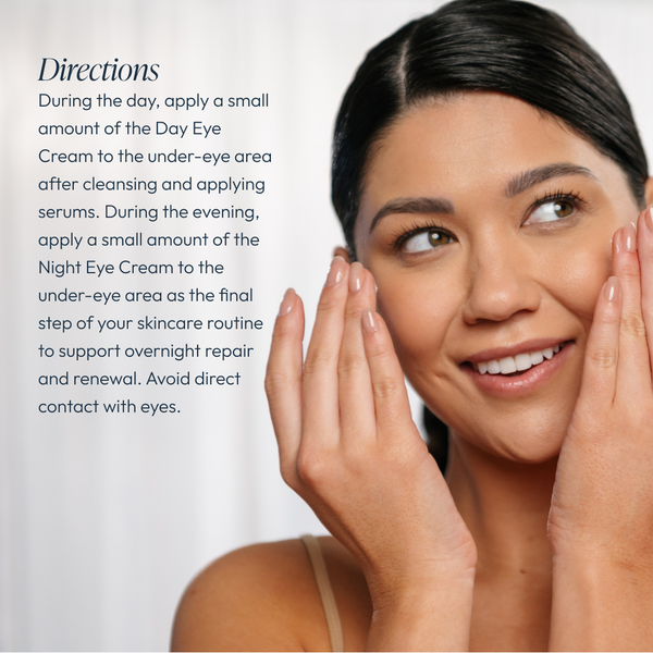 Woman gently touching her face with clean, glowing skin beside text instructing how to apply Full Circle Eye Repair - Eye Cream Duo | Circadia during day and night skincare routines.