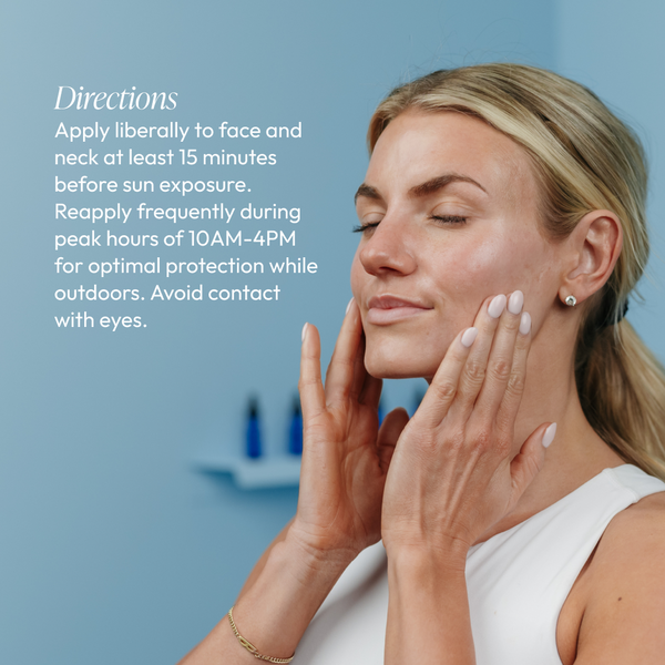 Woman with clear skin gently applying Light Day Sunscreen Broad Spectrum SPF 37 | Circadia to her face, with usage directions text on a blue background.