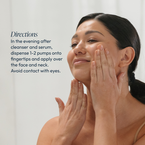 A woman gently applying Revita-Cyte Complex | Circadia skincare lotion to her face and neck with both hands, demonstrating evening skincare routine directions.