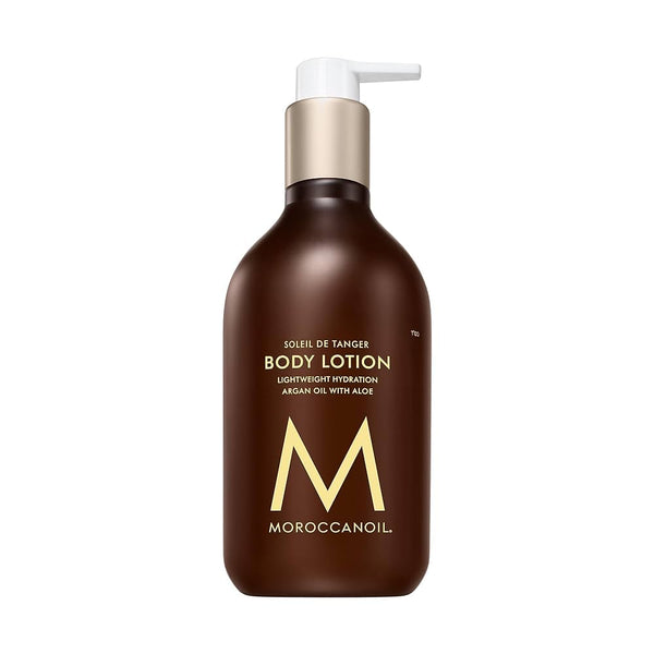 Pump bottle of Body Lotion | Moroccanoil in dark amber with gold and white accents, featuring lightweight hydration with argan oil and aloe for skincare and body care wellness.
