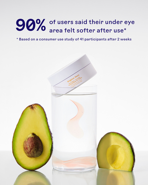 Brighter Days Red Algae + Avocado Biodegradable Eye Masks | Three Ships container balancing on a glass of water, surrounded by halved avocados, highlighting skincare and softening under eye area.