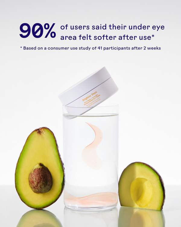 Brighter Days Red Algae + Avocado Biodegradable Eye Masks | Three Ships container balancing on a glass of water, surrounded by halved avocados, highlighting skincare and softening under eye area.