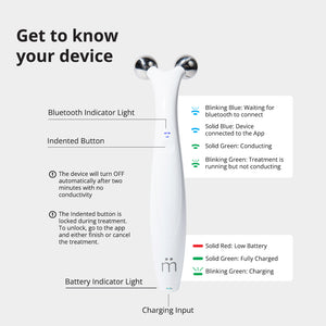 White handheld wellness device with dual metal spheres at the top, featuring labeled Bluetooth indicator, indented button, battery indicator, and charging input, related to Myolift QT Plus Premium - Lifetime Membership | 7e Wellness.
