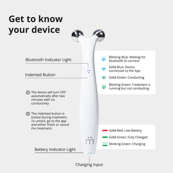 White handheld wellness device with dual metal spheres at the top, featuring labeled Bluetooth indicator, indented button, battery indicator, and charging input, related to Myolift QT Plus Premium - Lifetime Membership | 7e Wellness.
