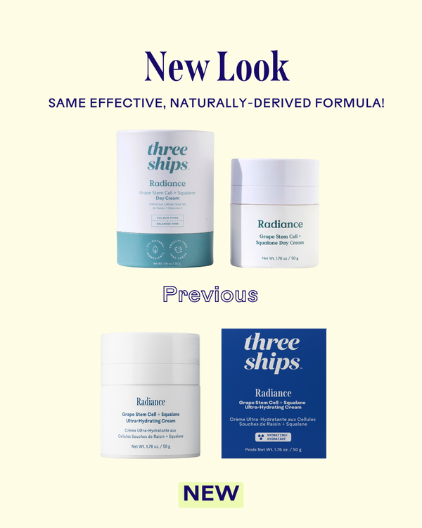 New packaging design for Radiance Grape Stem Cell + Squalane Ultra-Hydrating Cream | Three Ships showcasing previous and new containers with a clean, natural skincare aesthetic.