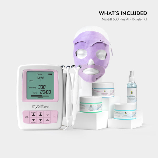 New Generation 600+ ATP Professional Microcurrent Facial Kit | 7e Wellness featuring a digital microcurrent device, electrode attachments, purple facial mask, and multiple skincare products for advanced skincare and wellness.