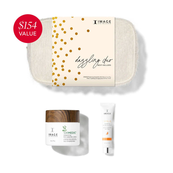 Dazzling Duo | IMAGE Skincare set featuring a cozy cream-colored cloth pouch, a jar of hydrating facial cream with a wooden-textured lid, and a small tube of skin treatment.
