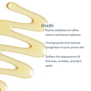 Close-up image of a clear cleansing gel texture with tiny exfoliating beads alongside text listing benefits of Cleansing Gel with Mandelic Acid | Circadia, highlighting gentle exfoliation, pore unclogging, and softening fine lines.