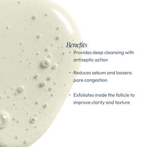 Close-up of light beige gel texture with small bubbles next to text listing benefits of Cleansing Gel with Salicylic Acid | Circadia, highlighting deep cleansing, sebum reduction, and exfoliation for clearer skin.